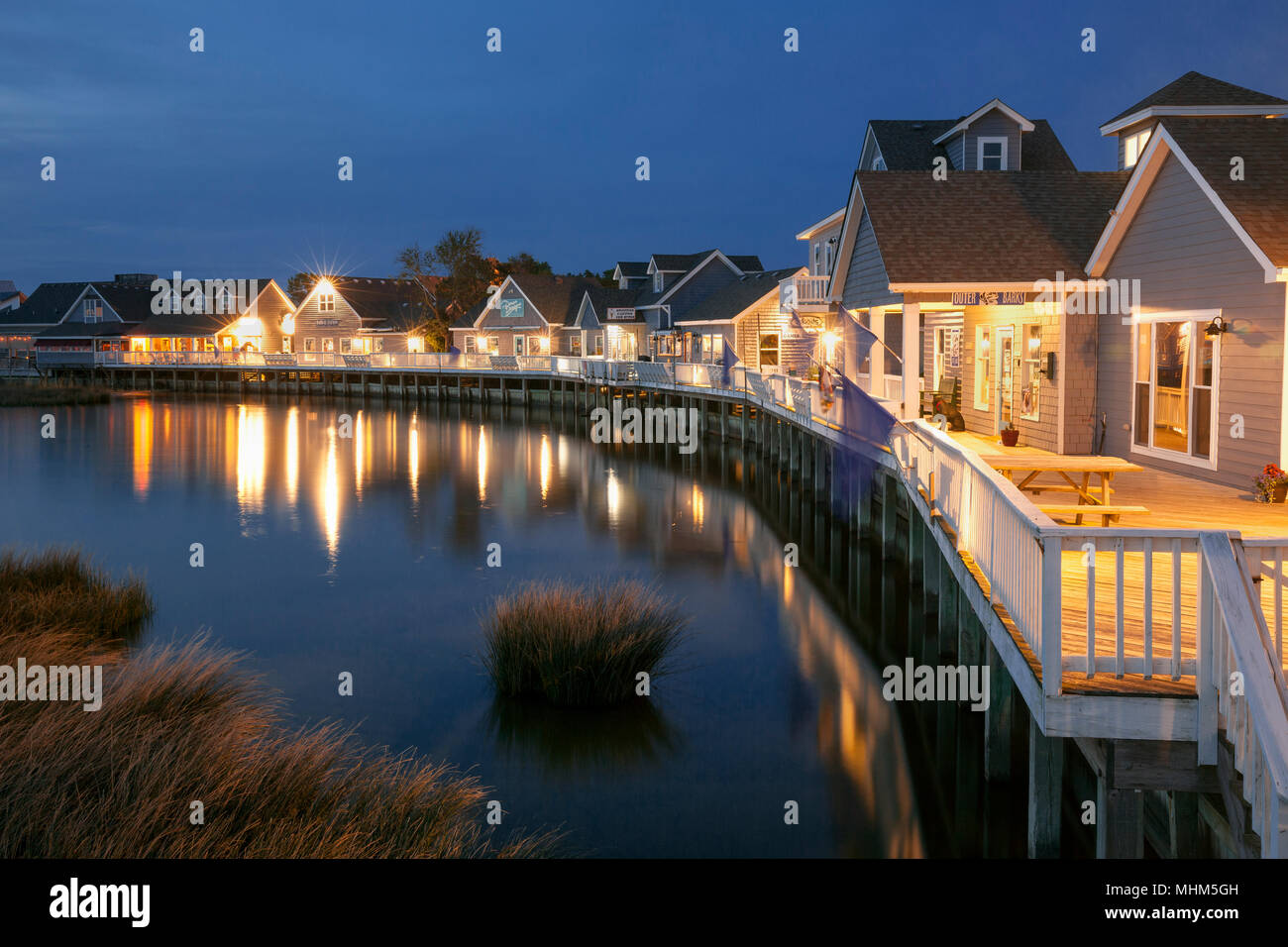 NC01751-00...NORTH CAROLINA - Shops and Currituck Sound along the boardwalk in the town of Duck. Stock Photo
