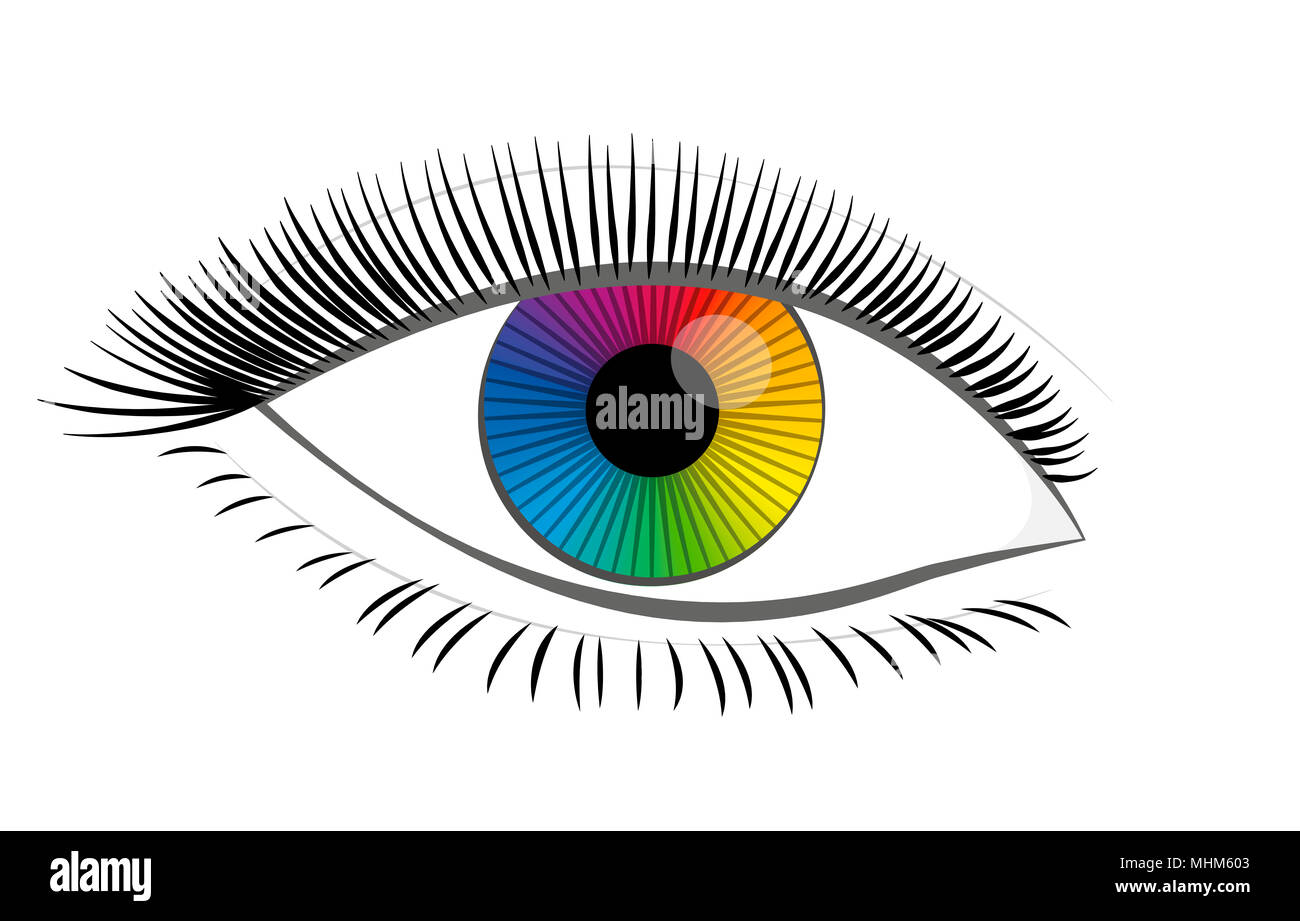 Rainbow colored eye iris - beautiful, female, mystic, colorful fantasy contact lens - illustration on white background. Stock Photo