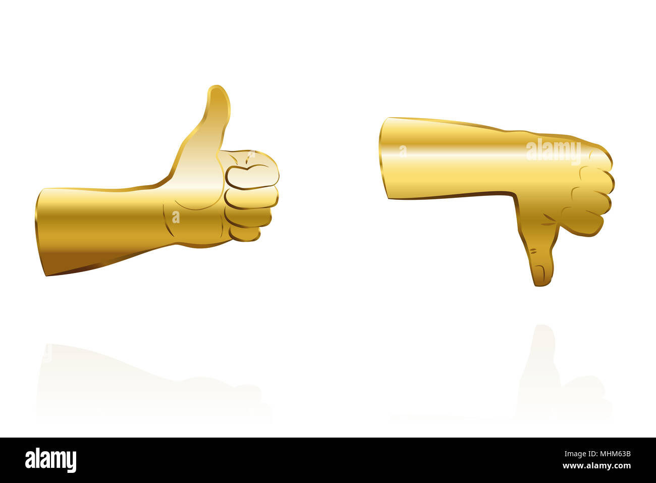 Golden thumbs up for agreement, and golden thumbs down for disagreement - illustration on white background. Stock Photo