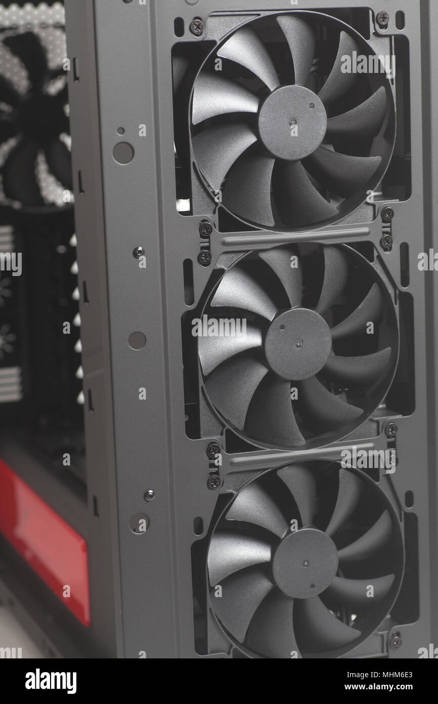 Desktop Empty Computer Case PC with Coolers Fan close up Stock Photo