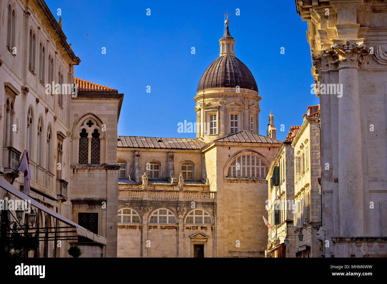 Dubrovnik street historic architecture view, the Assumption Cathedral, Dalmatia region of Croatia Stock Photo