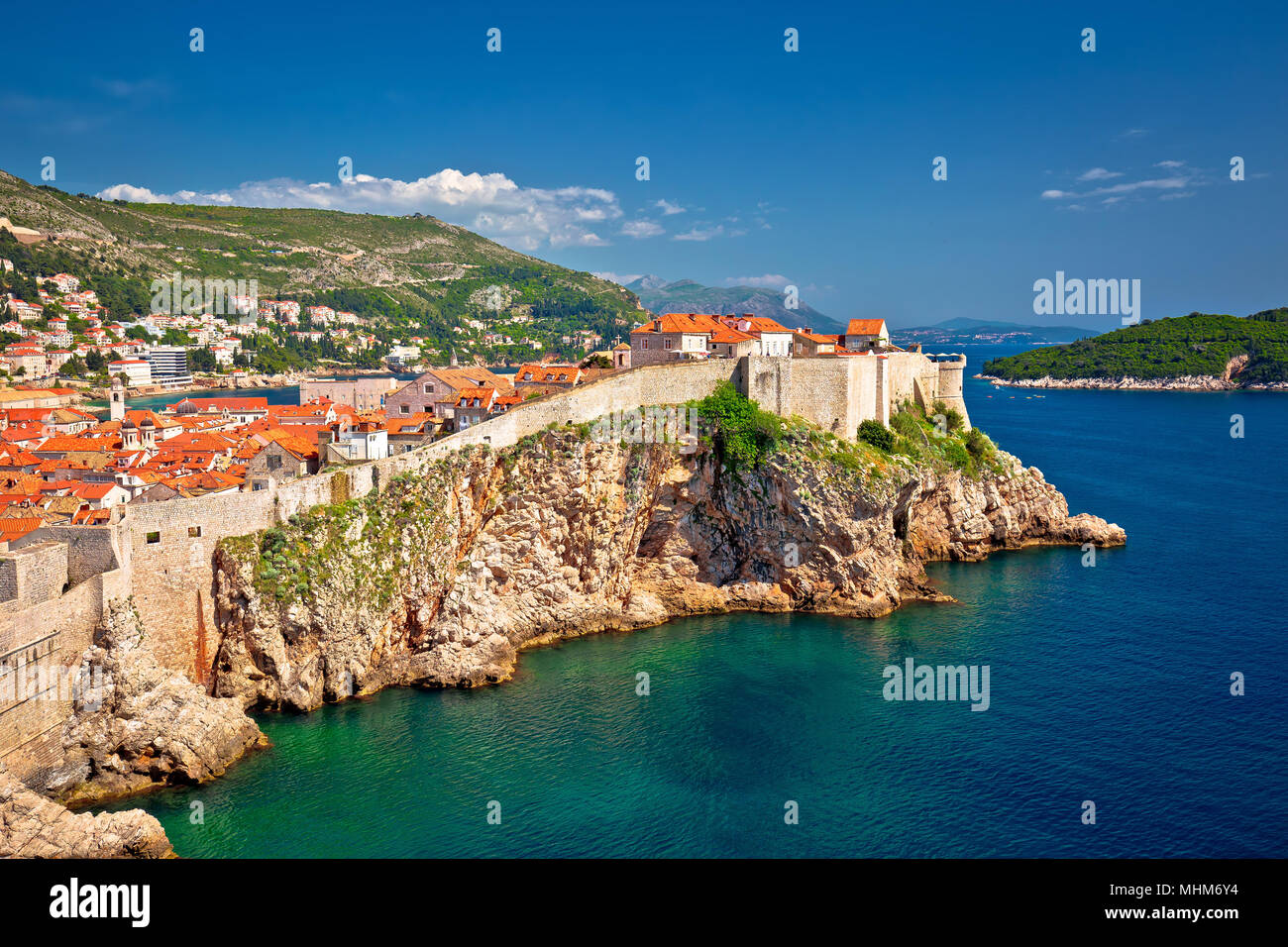 Town of Dubrovnik and stron defence walls view, Dalmatia region of Croatia Stock Photo