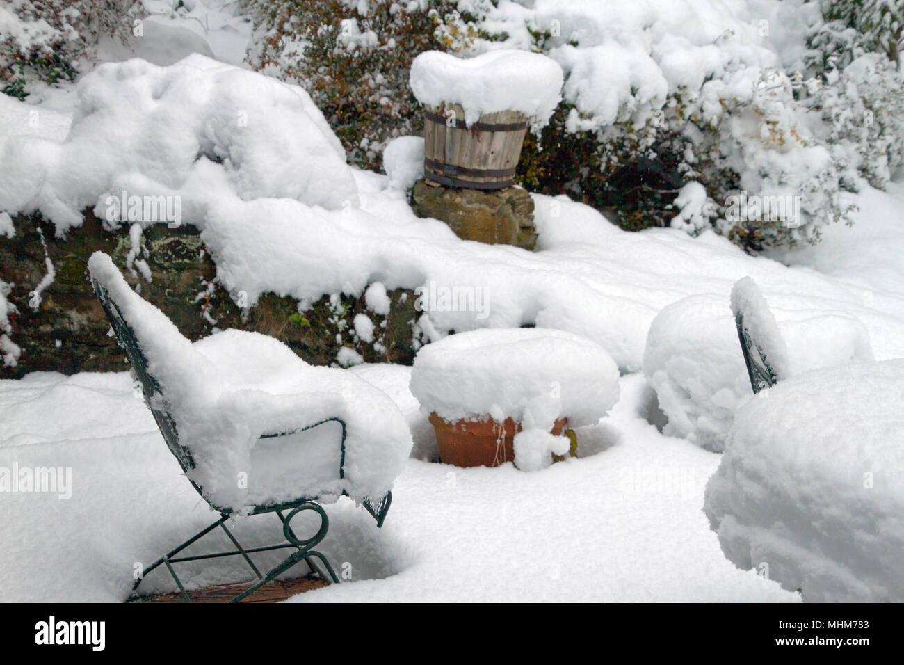 An Outdoor Patio Winter Wonderland With Furniture Planters Pots