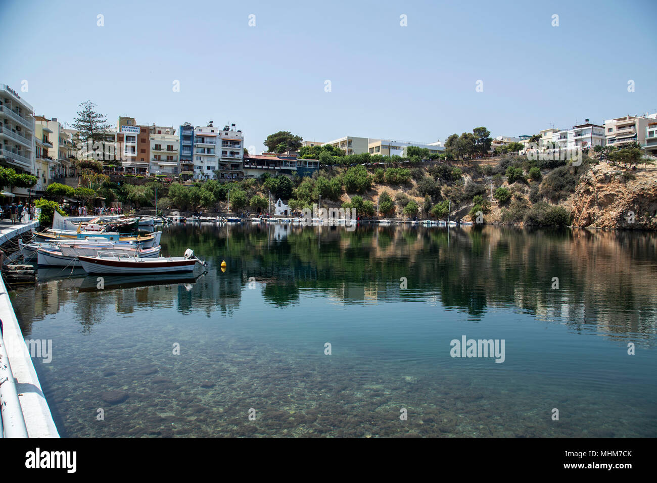 view of the lake of Agios Nikolaos City at Crete island Stock Photo