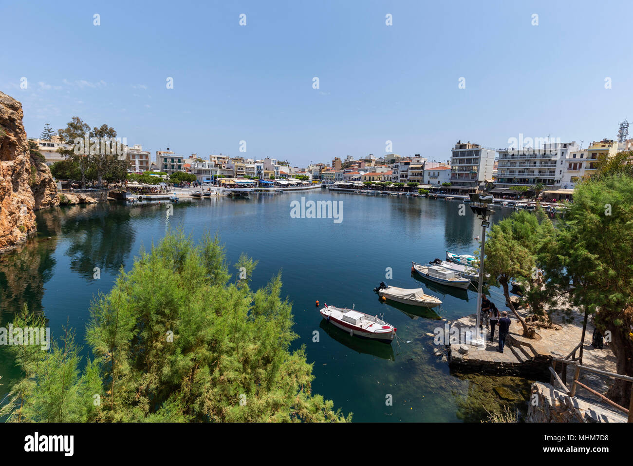 view of the lake of Agios Nikolaos City at Crete island Stock Photo