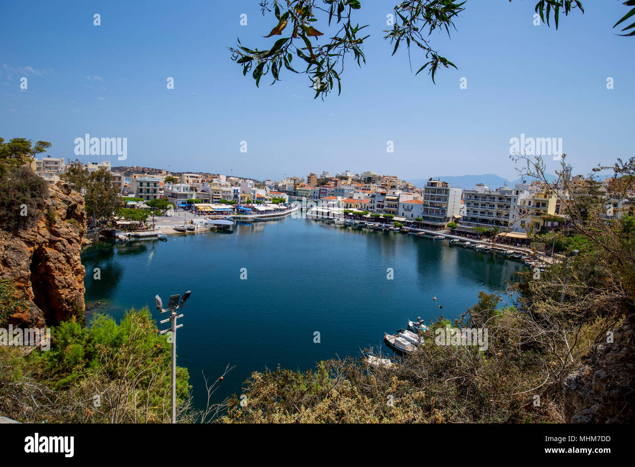 view of the lake of Agios Nikolaos City at Crete island Stock Photo