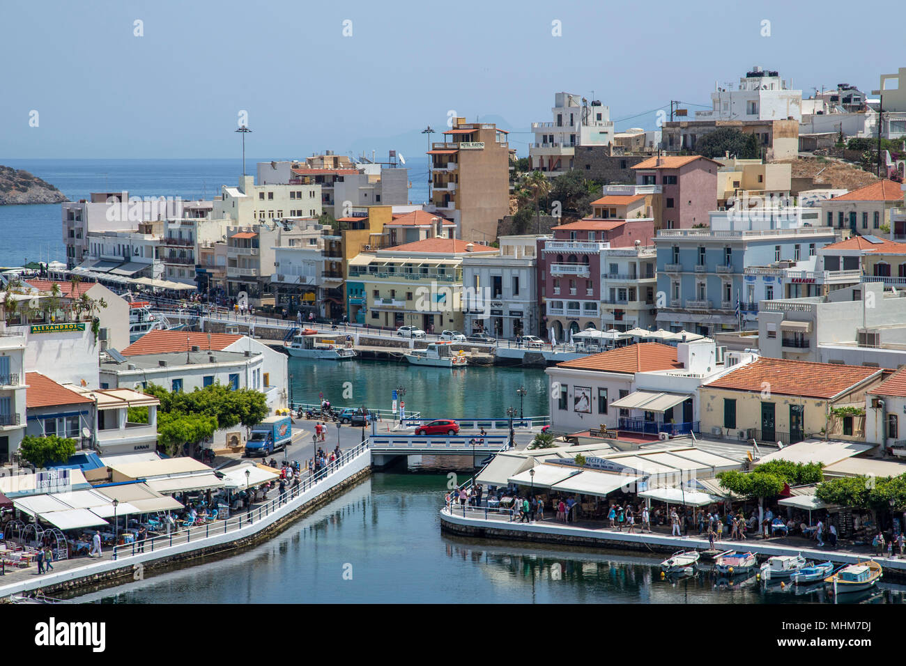view of the lake of Agios Nikolaos City at Crete island Stock Photo