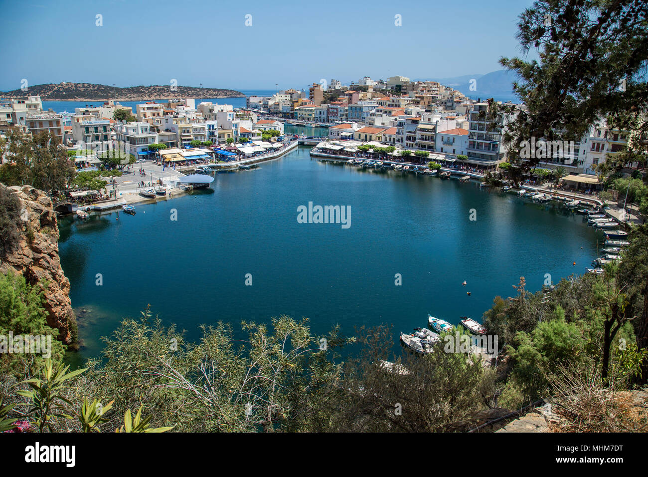 view of the lake of Agios Nikolaos City at Crete island Stock Photo