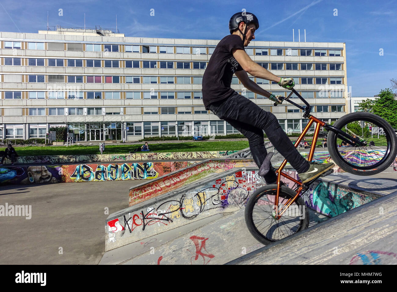 Germany teenager bikes at an urban biking and Skate park Lingnerallee, Dresden, Saxony, Germany Stock Photo