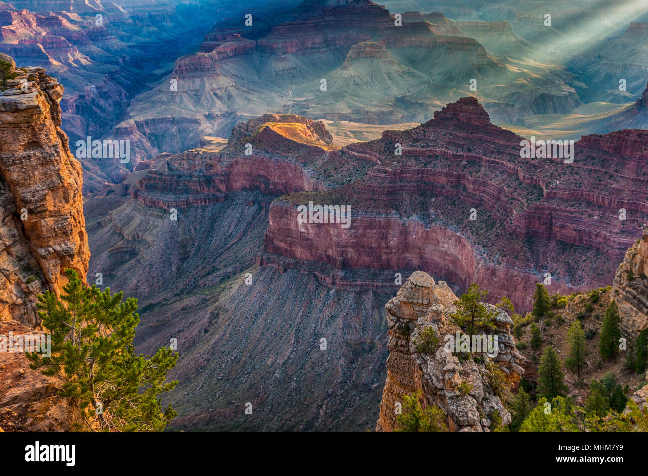 Sunrise on the South Rim of the Grand Canyon National Park in Arizona. Grand Canyon is a geological wonder, with rock layers as 'windows into time' Stock Photo