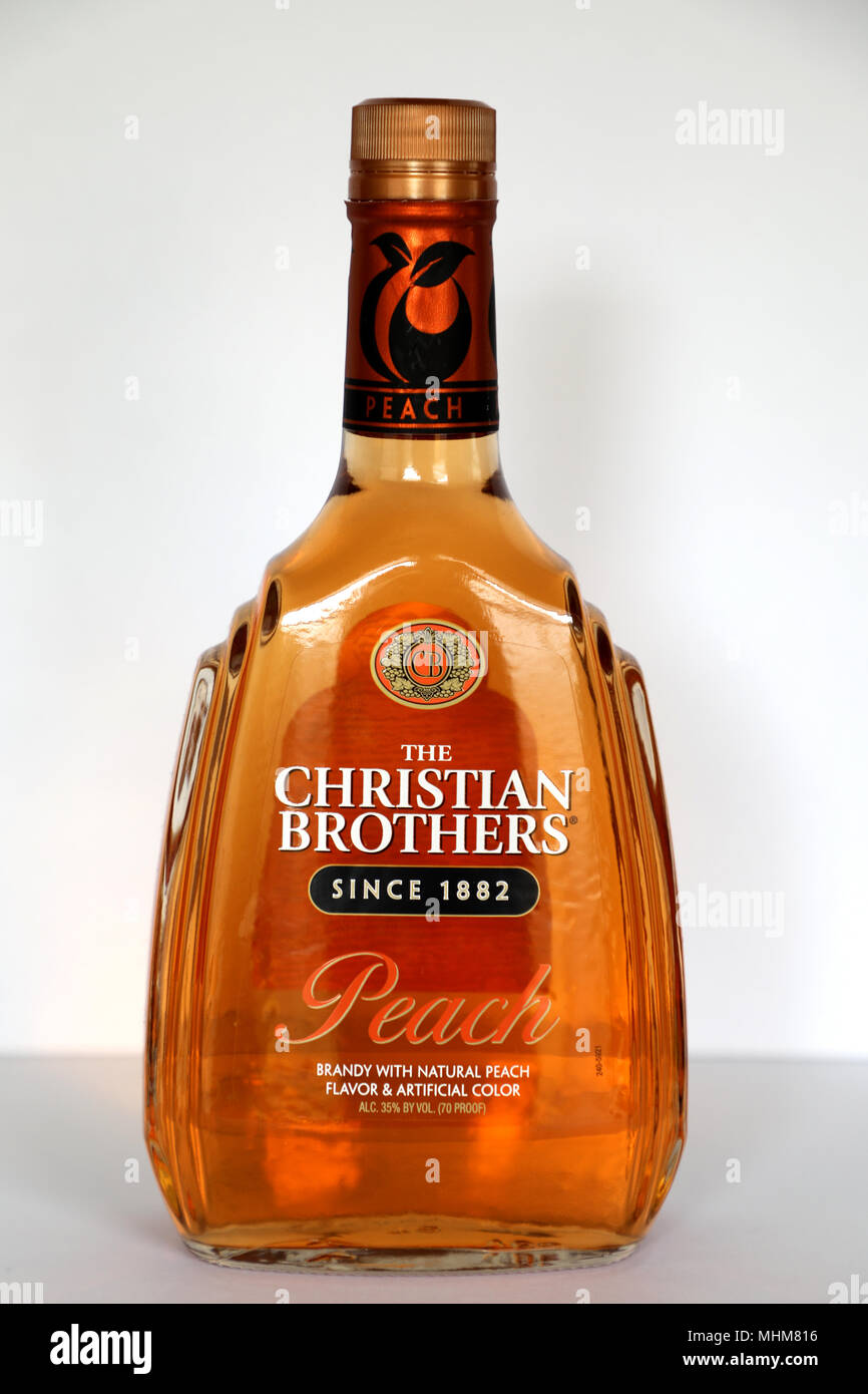 The Christian Brothers Peach Brandy Since 1882 35% Alcohol Bottle on White Background Stock Photo