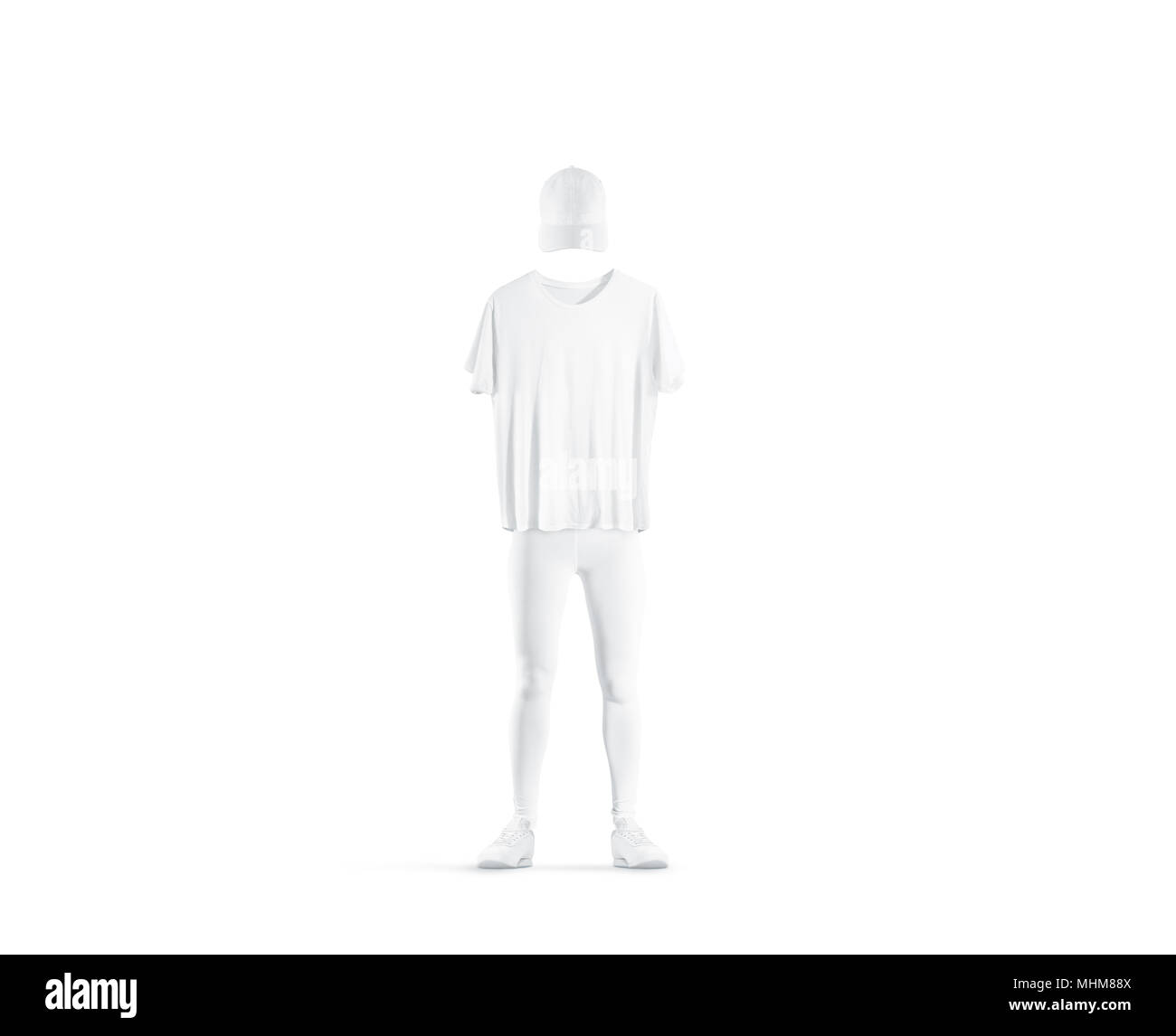 Blank white uniform design mockup isolated. Empty cap, t shirt, pants and shoes mock up. Clear delivery boy or baseball player outfit dress template. Stock Photo