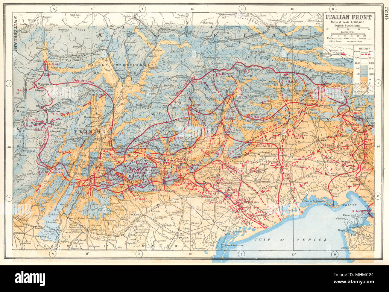 FIRST WORLD WAR ITALIAN FRONT. Battle lines 1916-18. Austria.WW1 Italy 1920 map Stock Photo