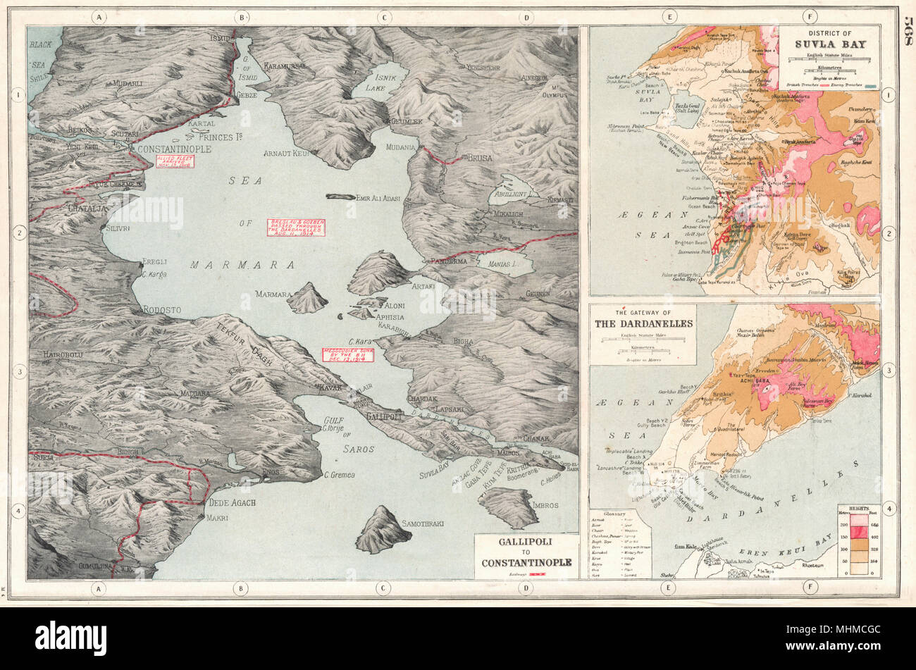 TURKEY. World War 1. Gallipoli to Istanbul;Suvla Bay; Dardanelles 1920 old map Stock Photo