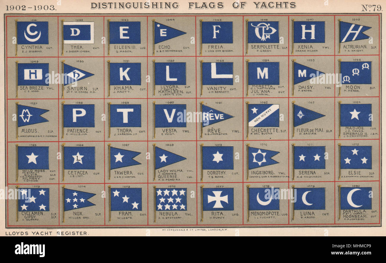YACHT FLAGS. Blue & White (6) 1902 old antique vintage print picture Stock Photo
