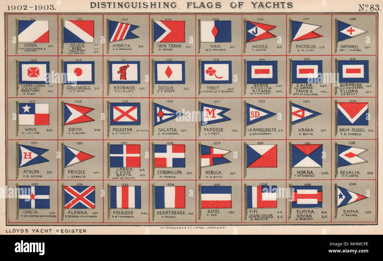 YACHT FLAGS. Red, White & Blue (5) 1902 old antique vintage print picture Stock Photo