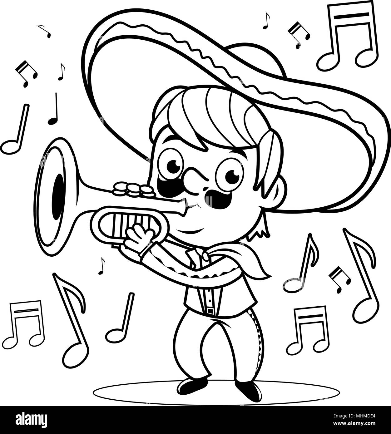 Cartoon Mexican mariachi musician man playing the trumpet. Cinco de Mayo party celebration. Vector black and white coloring page. Stock Vector