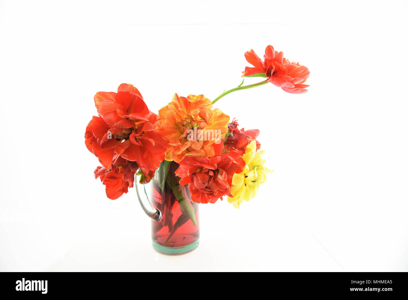 still life with peony tulip flowers Stock Photo