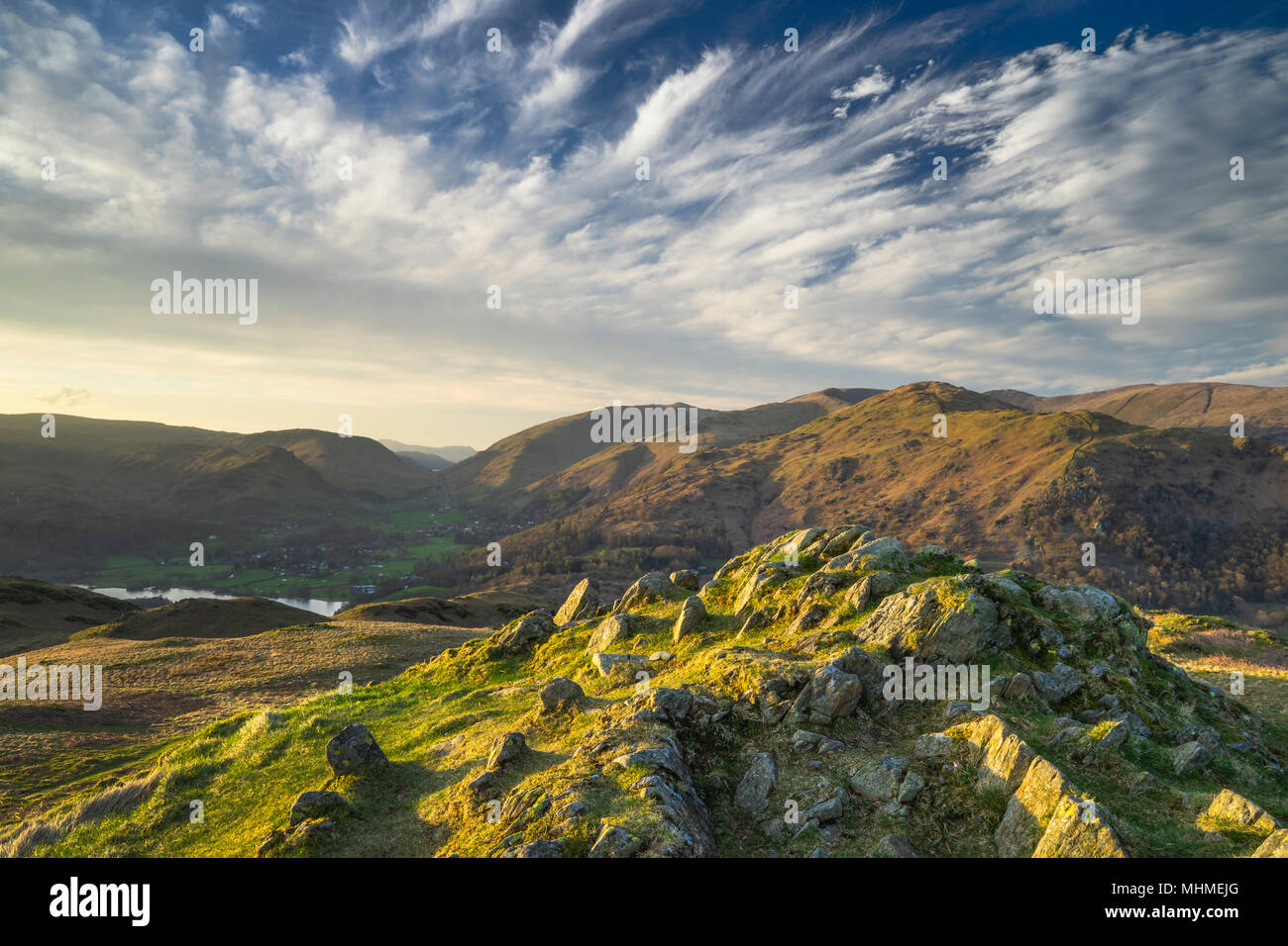 The summit of Loughrigg Fell overlooking Grasmere in the Lake District National Park, England Stock Photo