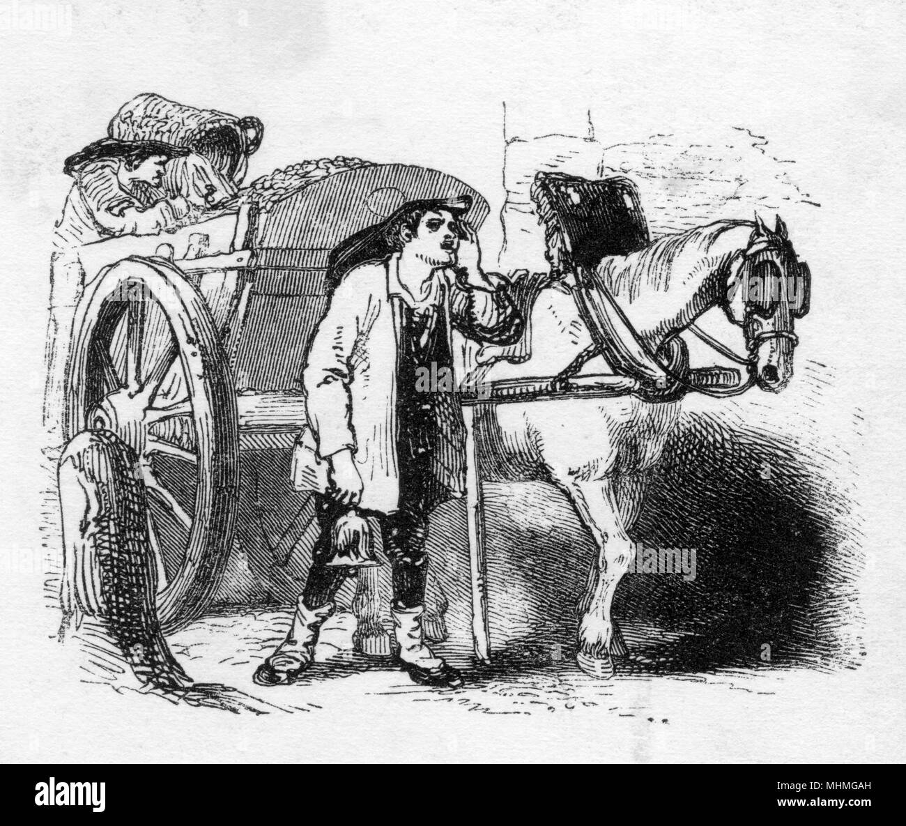 The dustman calls out to householders to bring out their refuse, while his mate tips the buckets into the cart.      Date: circa 1840 Stock Photo