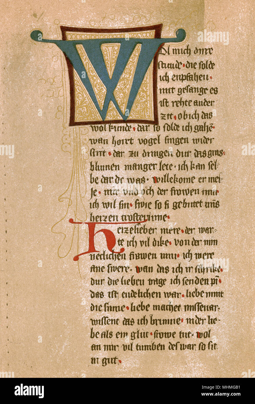 A fragment of a Minnesinger manuscript by Schenken von Limburg.       Date: mid 14th century Stock Photo