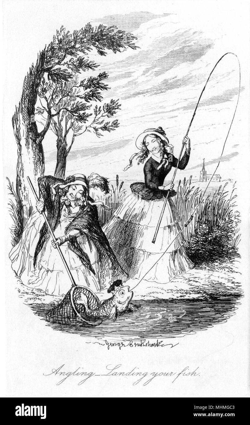 A satire on women's pursuit of aristocratic status in marriage, showing women angling for fish wearing crowns of the peerage.       Date: circa 1840 Stock Photo