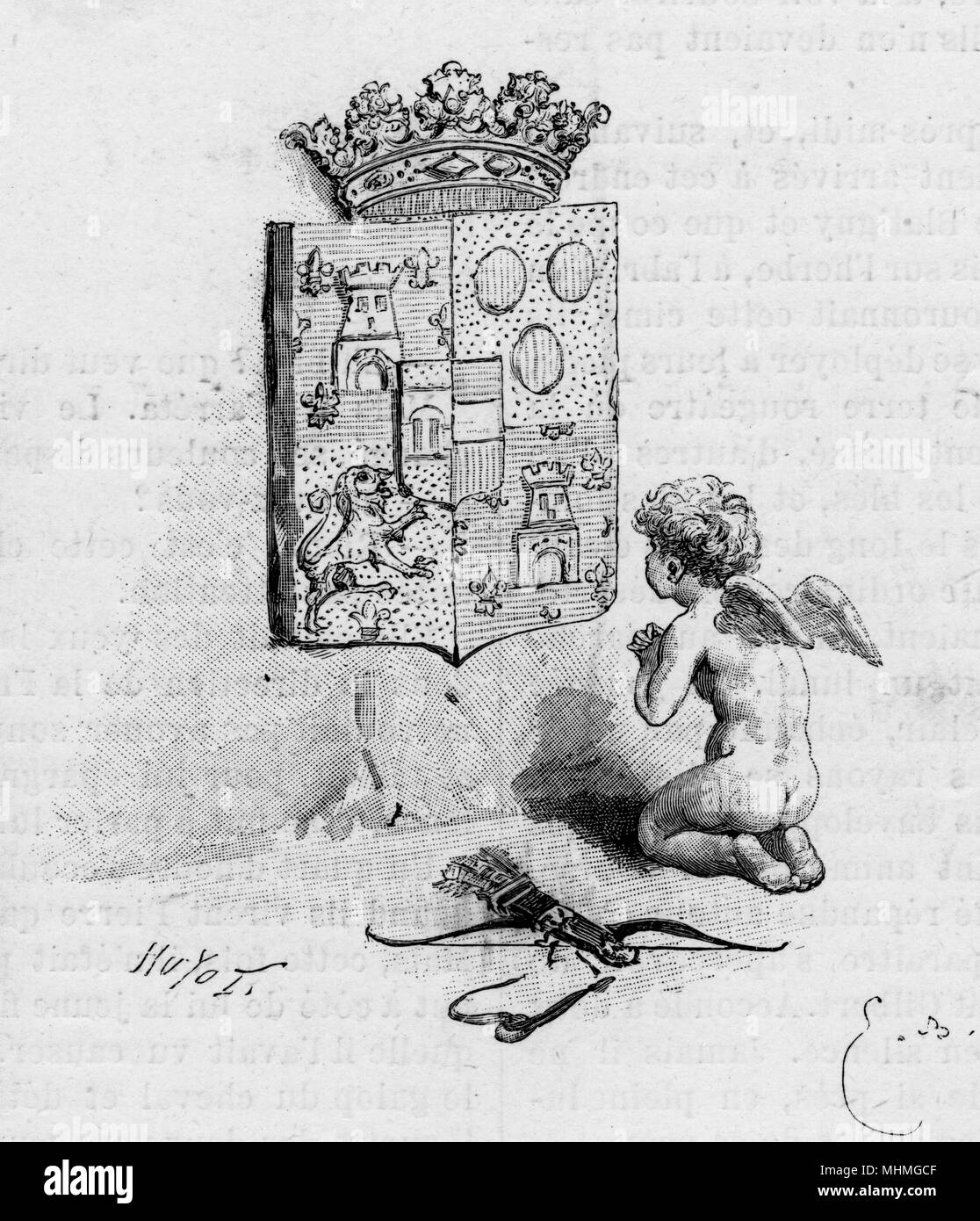 A satire on the way 'Love Worships Ancestry' -- the inflated respect for ancestry and aristocratic status -- showing Cupid kneeling to an heraldic device with a crown on top.       Date: 1890 Stock Photo