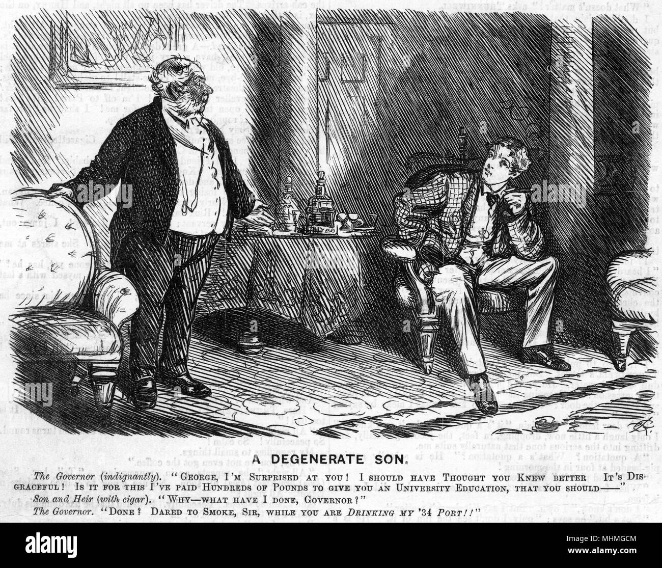 A father chides his son for smoking while drinking his best port!      Date: 1867 Stock Photo