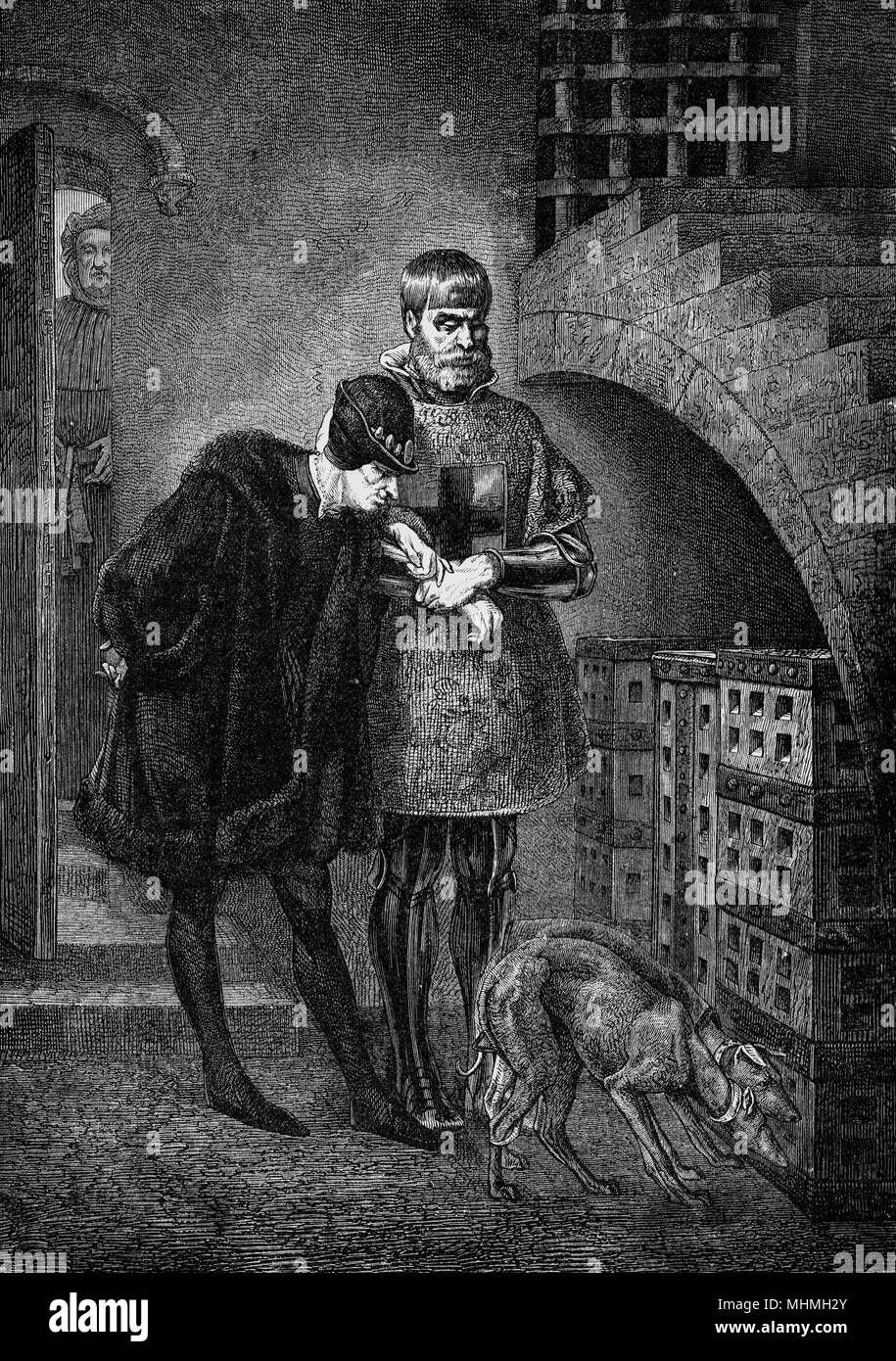 Louis XI visits his prisoner, Cardinal Balue, whom he kept in this little cage at the chateau of Plessis-lez-Tours from 1469 to 1480, when he was released at the Pope's request      Date: 1469 to 1480 Stock Photo