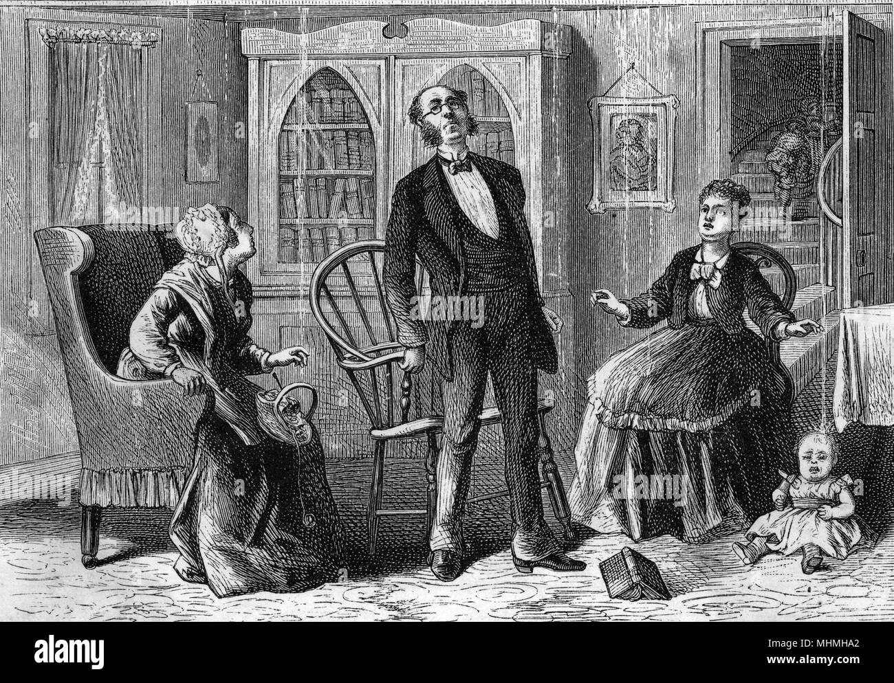 A family are alarmed when water starts to drip from the ceiling       Date: circa 1860 Stock Photo