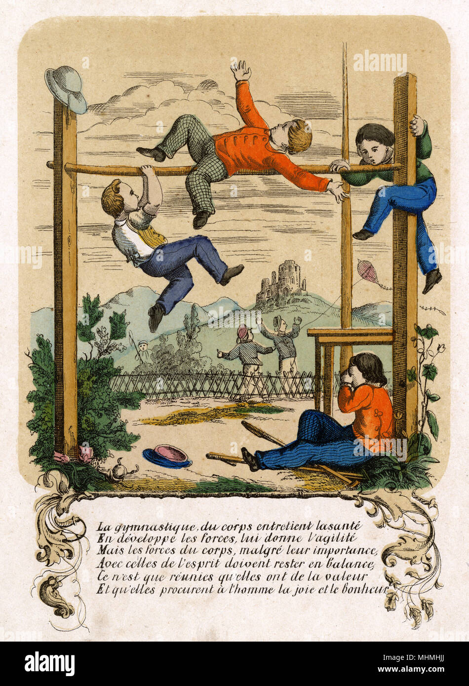 French children climbing on a playground frame       Date: circa 1840 Stock Photo