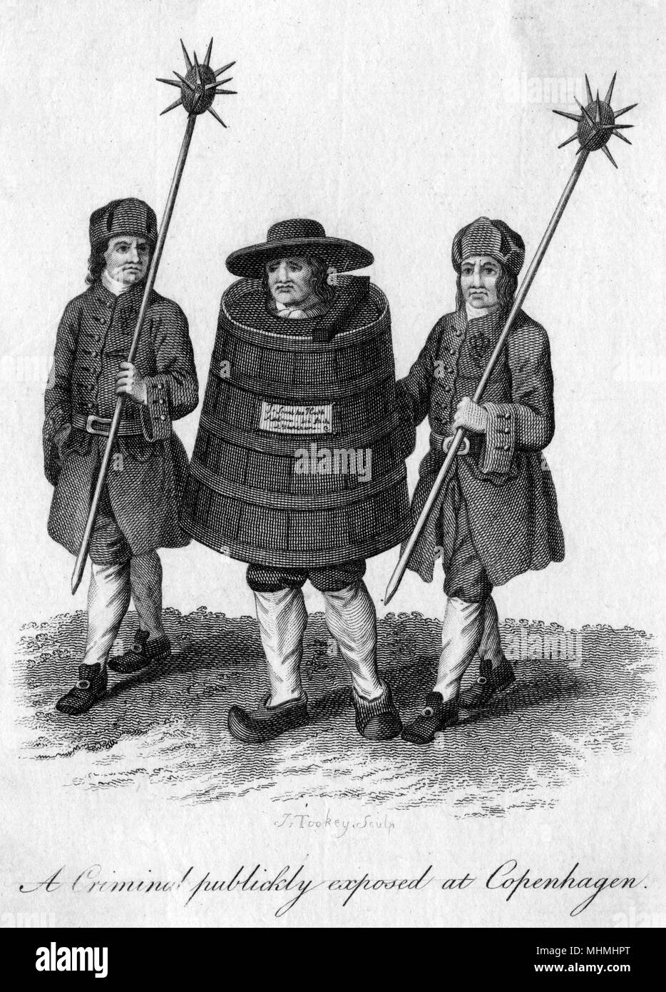 A criminal publicly exposed at Copenhagen, made to walk through the streets in a barrel with a guard on either side of him.      Date: late 18th century Stock Photo