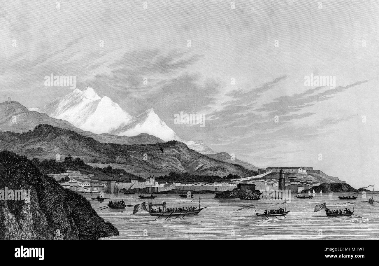 (Pyrenees Orientales) depicted on the occasion of a Fete patronale, with boats processing round the harbour      Date: circa 1845 Stock Photo