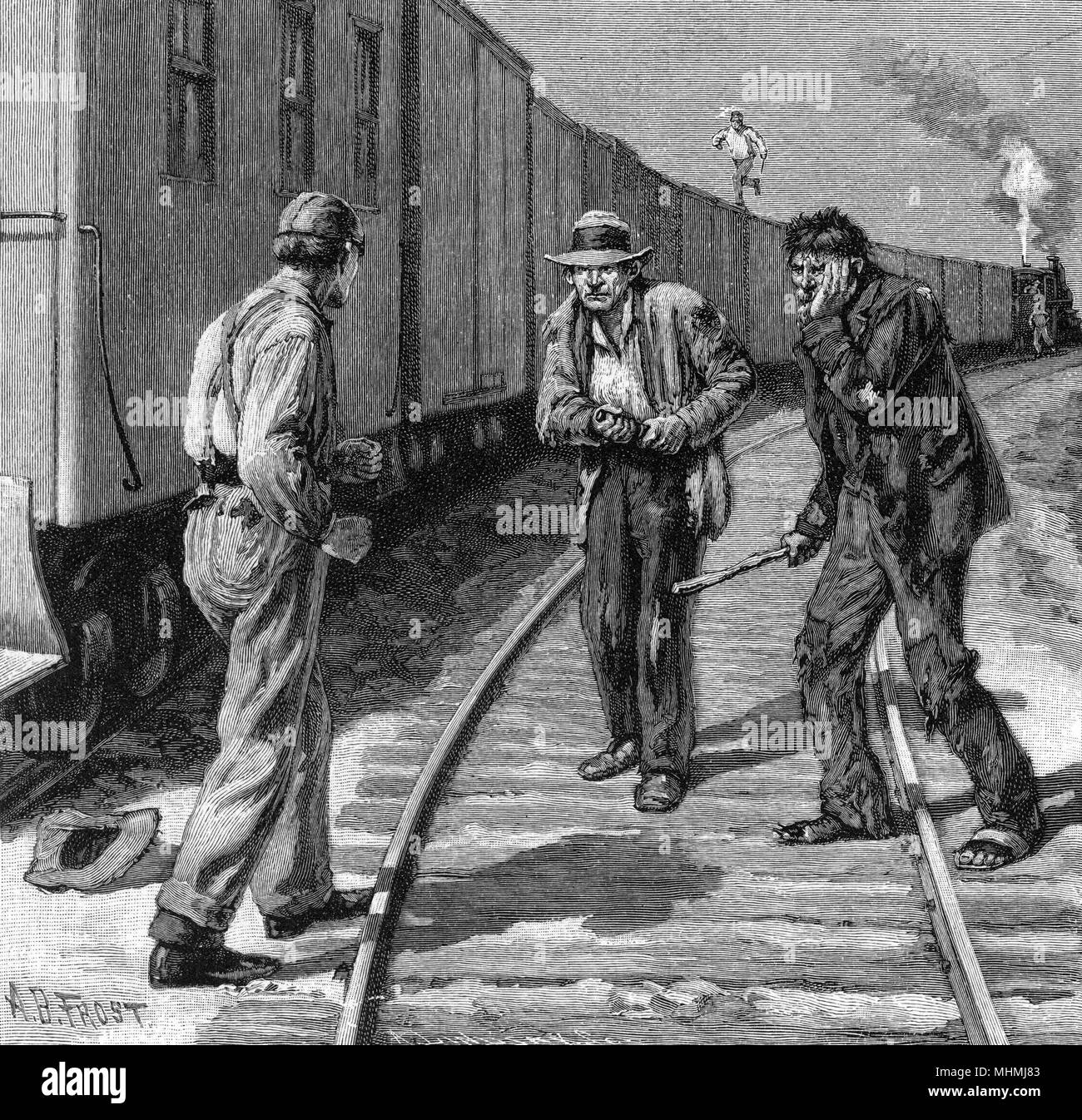 American Hoboes and a Railroad employee come to blows. Date circa 1888