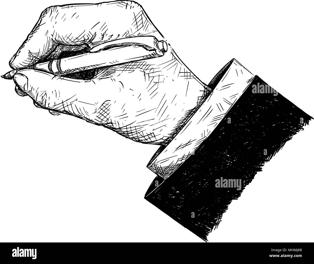 Vector Artistic Illustration or Drawing of Businessman Hand in Suit Writing With Ballpoint Pen Stock Vector