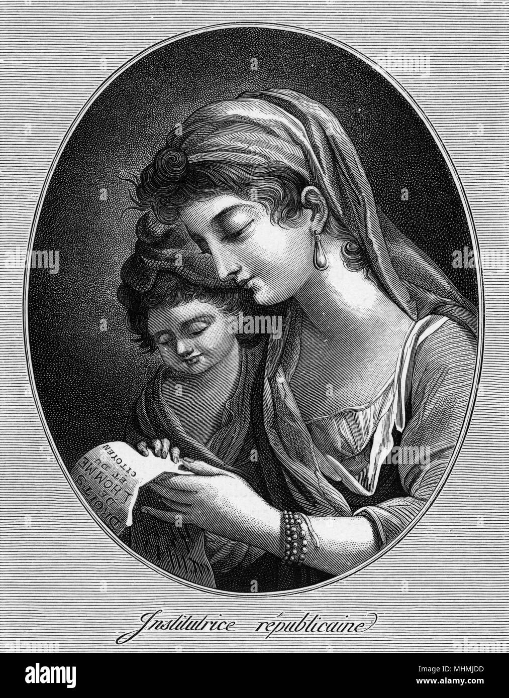 A mother reads the 'Declaration des droits de L'homme et du citoyen', which  extol the rights of man, to her young child. Date: 18th century Stock Photo  - Alamy