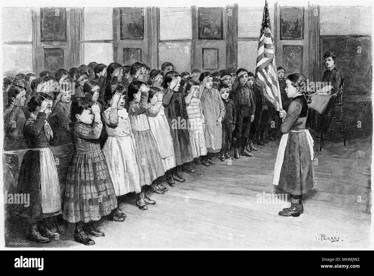Schoolchildren in an American Industrial School salute the flag, a daily ritual to remind them that whatever their racial origin, their first allegiance is to the USA     Date: 1892 Stock Photo