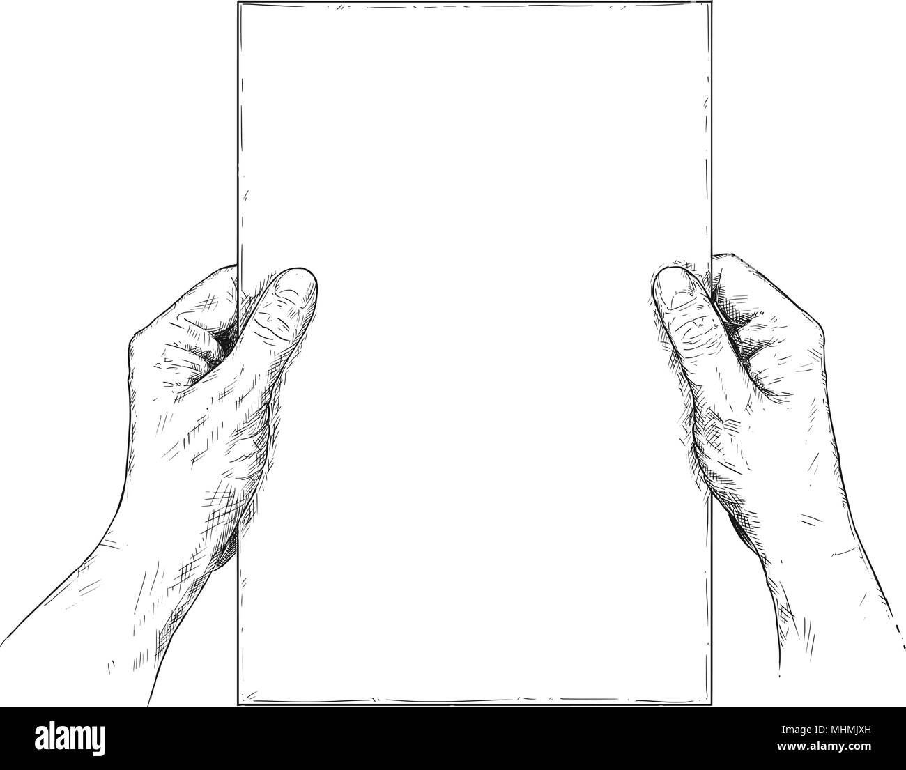 Vector Artistic Illustration or Drawing of Hands Holding Blank Sheet of Paper Stock Vector