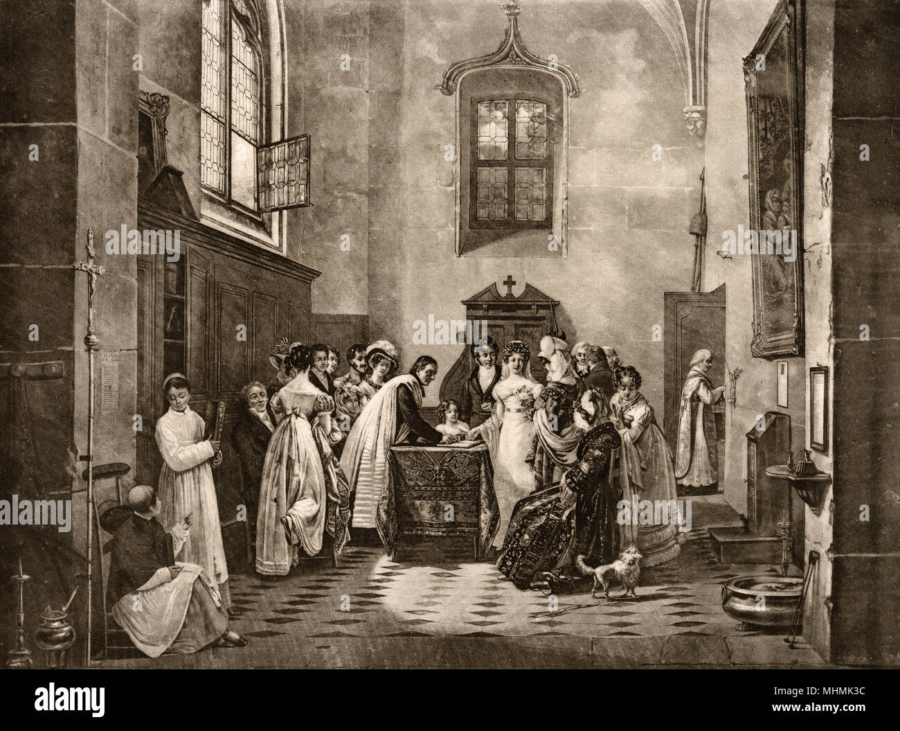 Scene in the sacristy of a French church : after God has united the happy couple they sign the register as required by the civil authorities      Date: circa 1830 Stock Photo