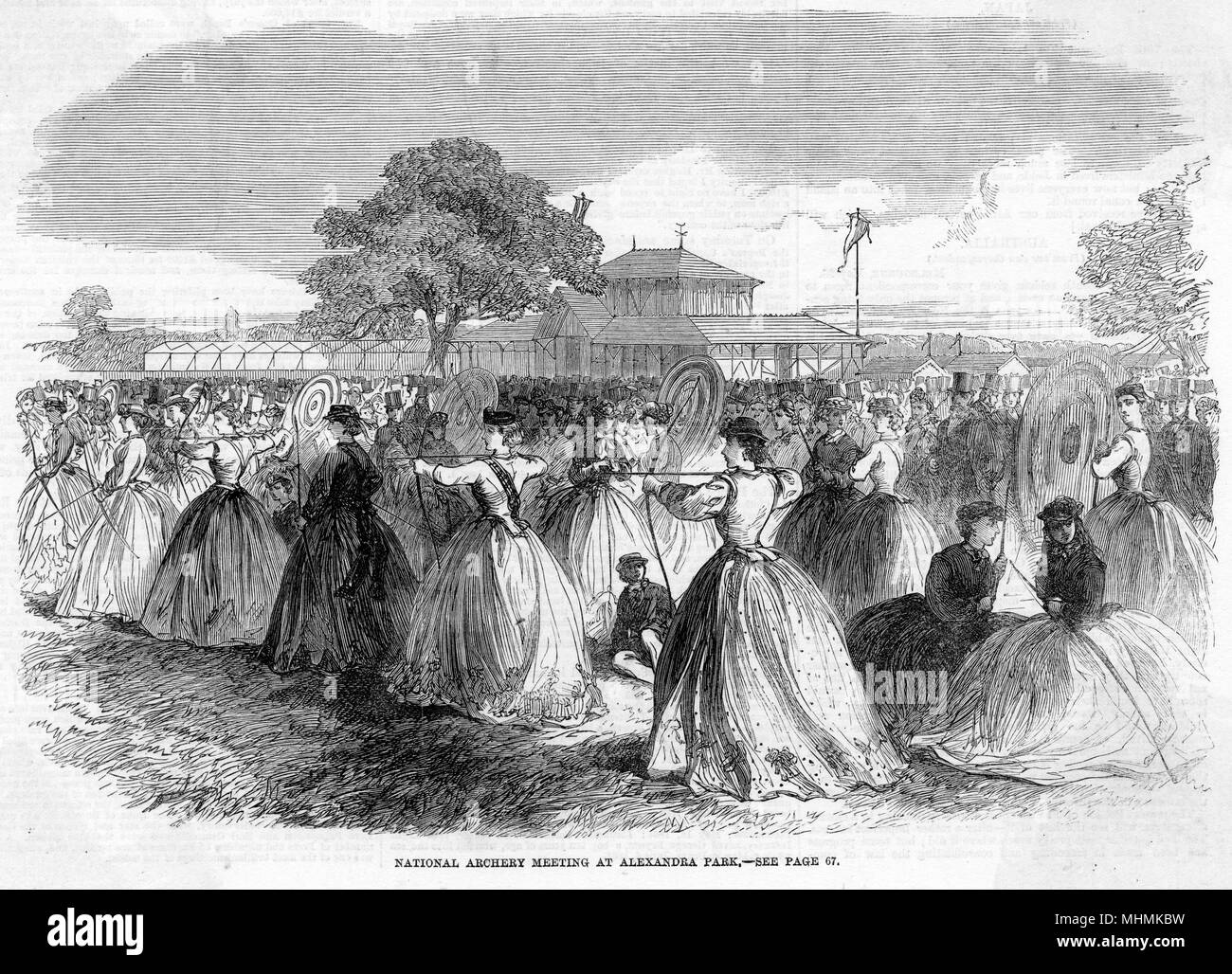 Female archers compete during a National Archery meeting at Alexandra Park, London.       Date: 1864 Stock Photo