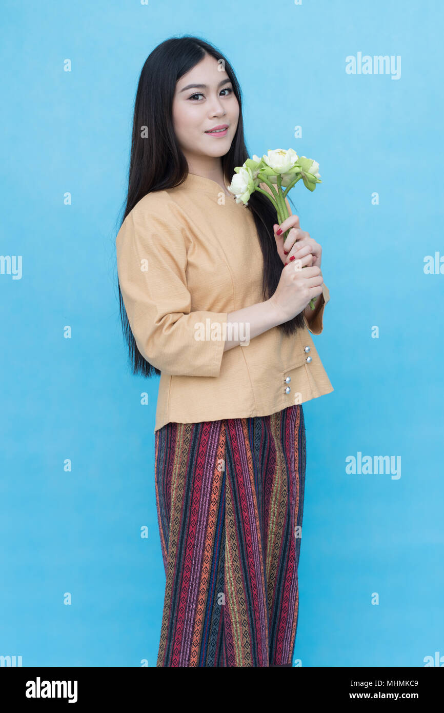 Portrait Beautiful Asian Girl In Traditional Thai Dress And