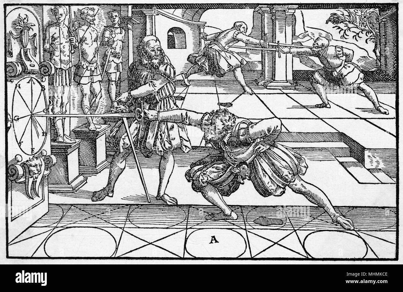 A fencer practises his thrust by aiming at a mounted target.       Date: 1570 Stock Photo