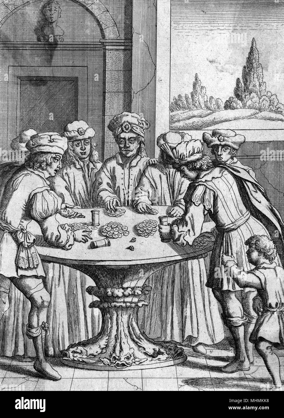 Gambling men stand around a table and cast dice from cups.       Date: 17th century Stock Photo