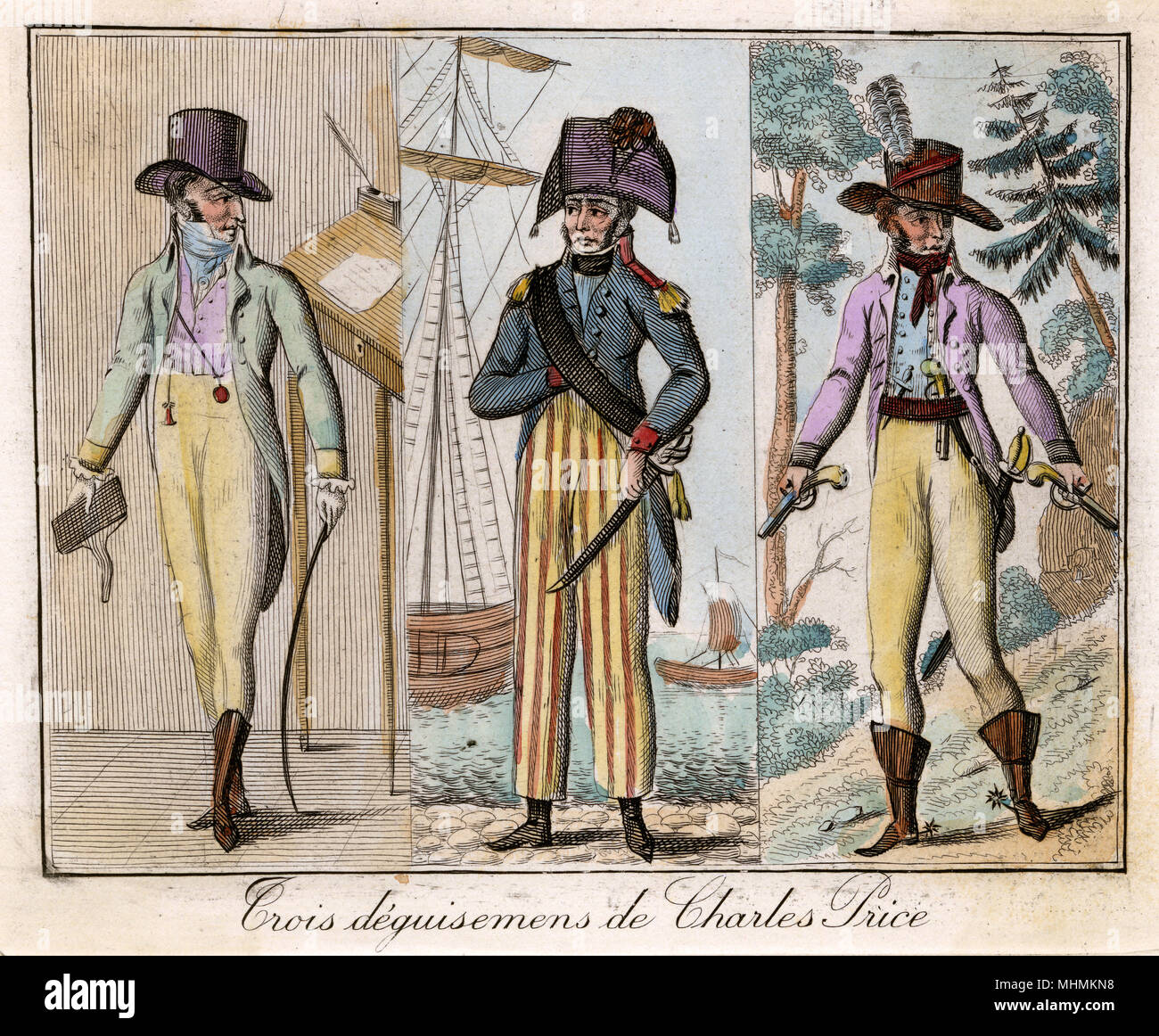 Charles Price in three of his various disguises       Date: Eighteenth century Stock Photo