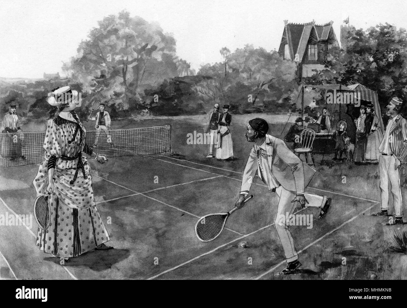 A suburban tennis party in full swing.       Date: circa 1900 Stock Photo