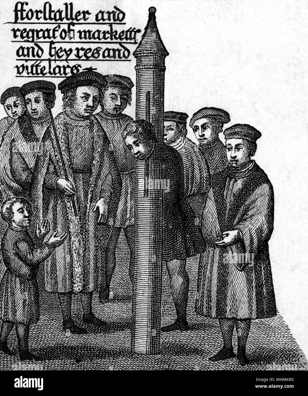 A forestaller finds himself in the pillory in front of a curious crowd. Date: 1497