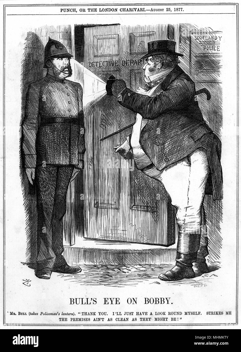'Bull's eye on Bobby' John Bull suspects police corruption.      Date: 1877 Stock Photo