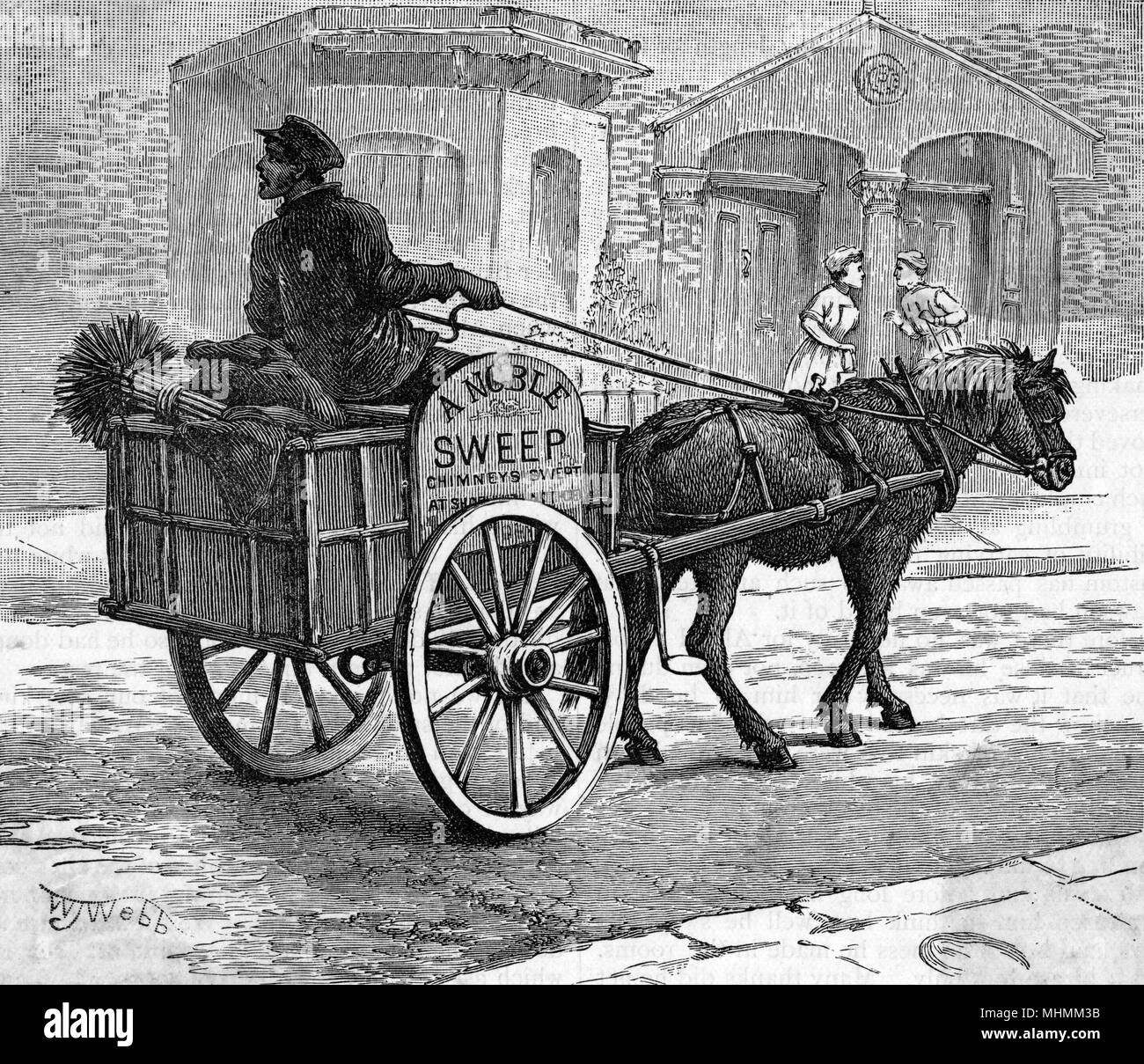 Mr Noble the sweep rides his cart through the streets, calling out 'Swee - eep !' to attract customers.      Date: 1887 Stock Photo