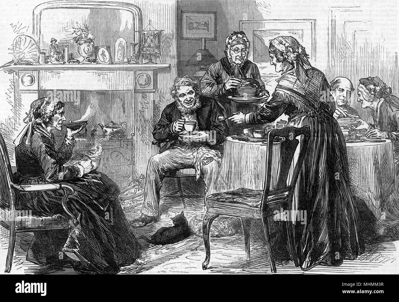 Inmates of the Royal Masonic Institution for the Aged and Widows enjoy a cup of tea - though one of them is drinking hers out of her saucer.     Date: 1875 Stock Photo