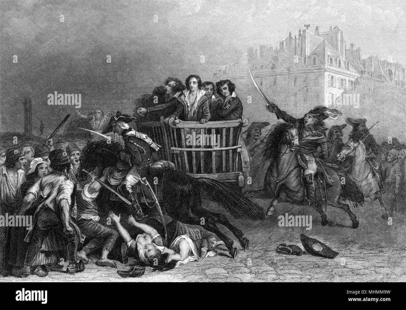The last wagon-load of victims are transported to the guillotine - despite the objections of the populace.      Date: circa 1794 Stock Photo